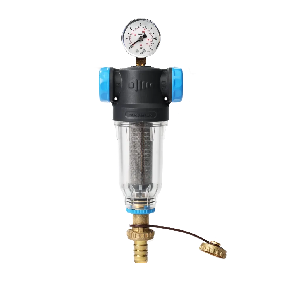 Préfiltre SOLUS AQUA pour adoucisseur autonettoyant avec cartouches en acier inoxydable 304 - 80µm - raccords ½" FM et ¾" M